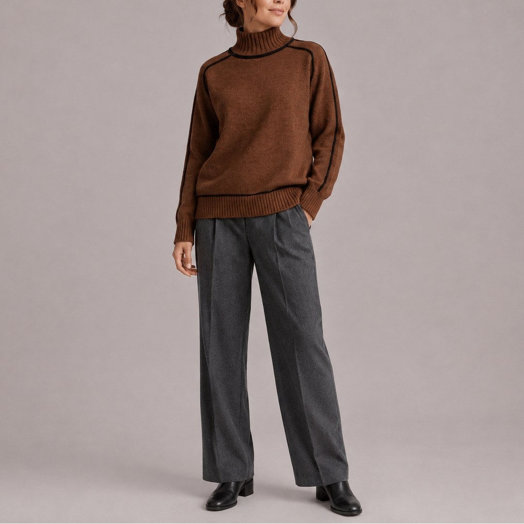 Pull Femme Col Roulé en Maille avec Finitions Contrastées