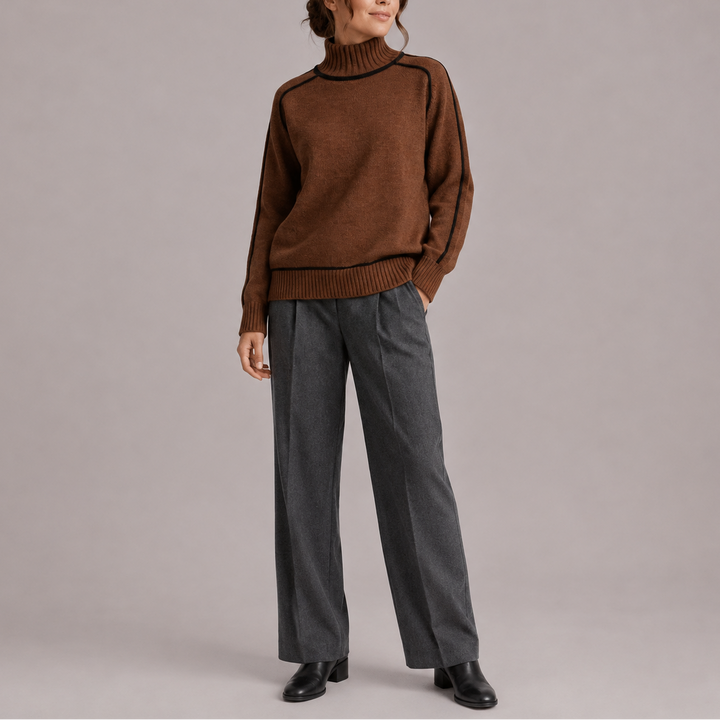 Pull Femme Col Roulé en Maille avec Finitions Contrastées