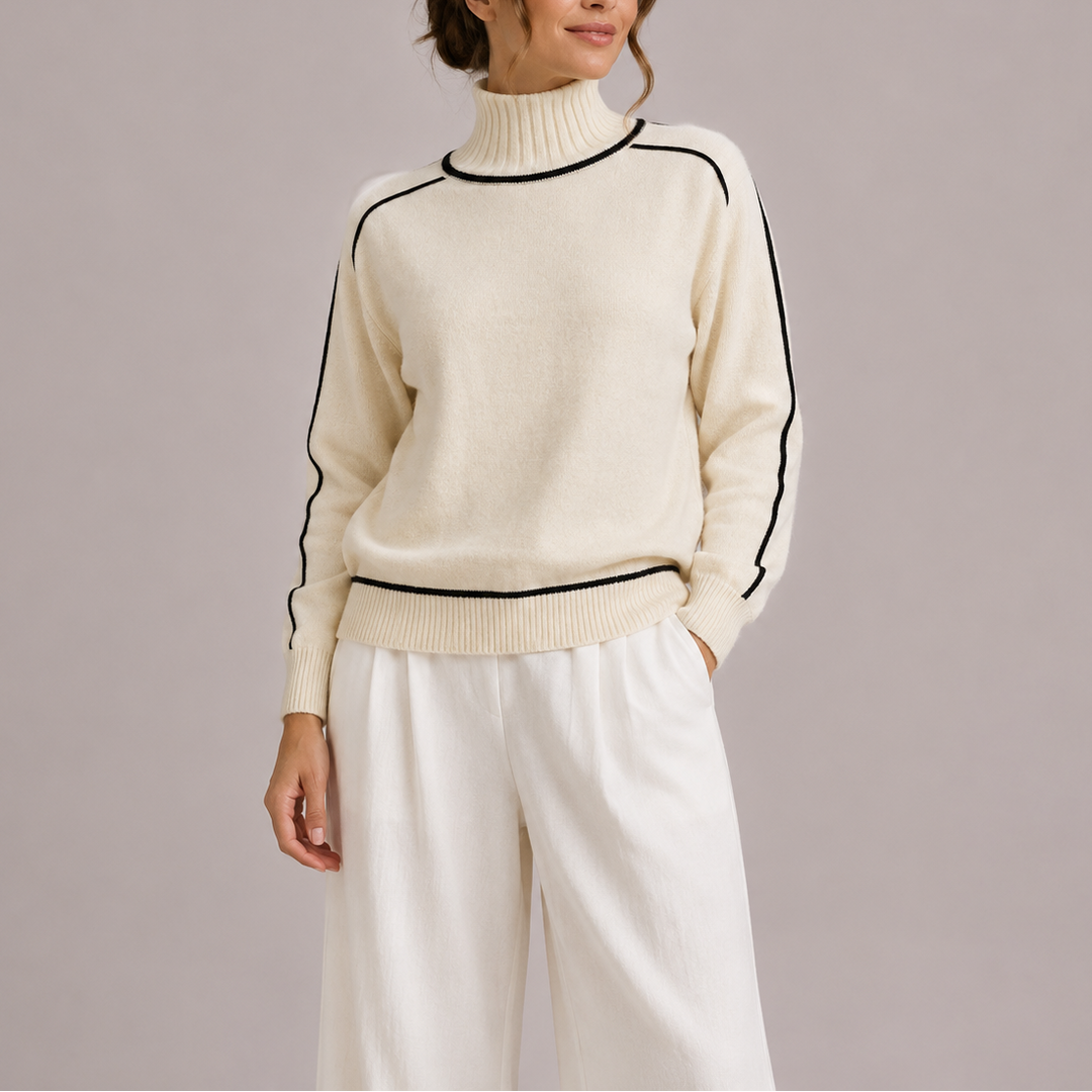 Pull Femme Col Roulé en Maille avec Finitions Contrastées