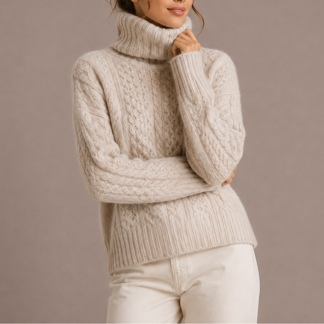 Pull Femme Col Roulé en Maille Torsadée Épaisse