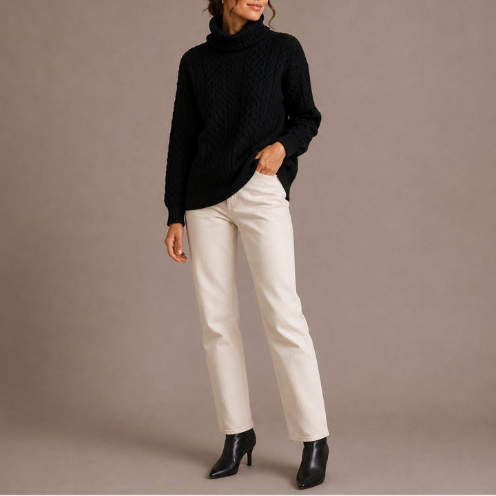 Pull Femme Col Roulé en Maille Torsadée Épaisse