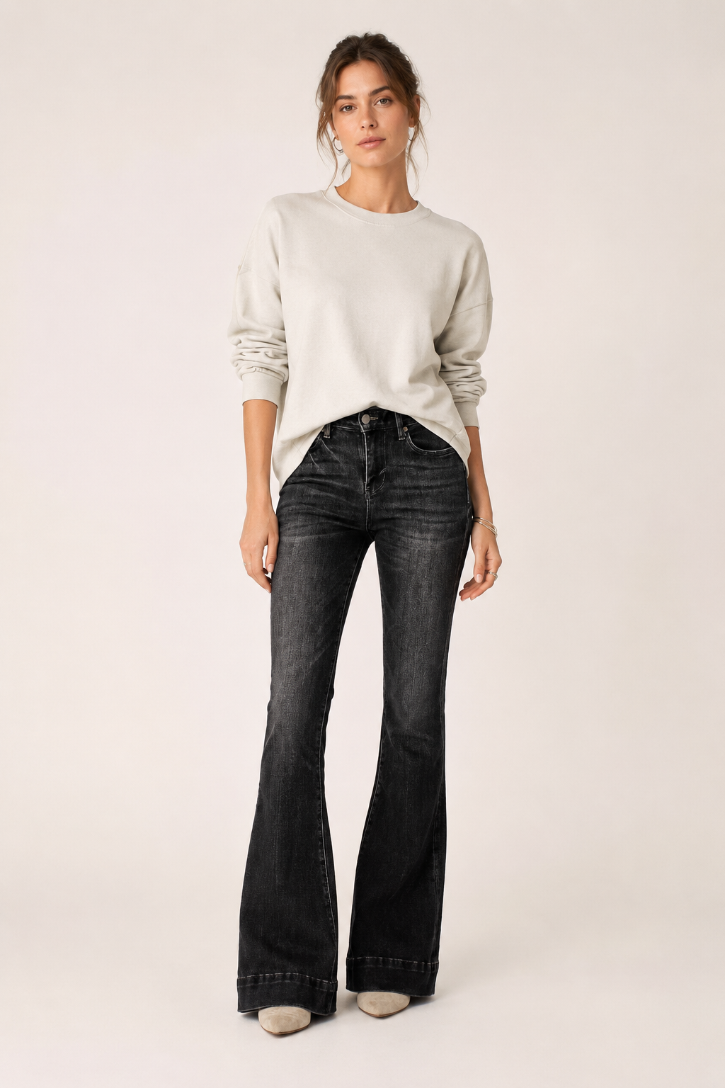 Jean Femme Taille Mi-Haute Évasé en Denim Stretch