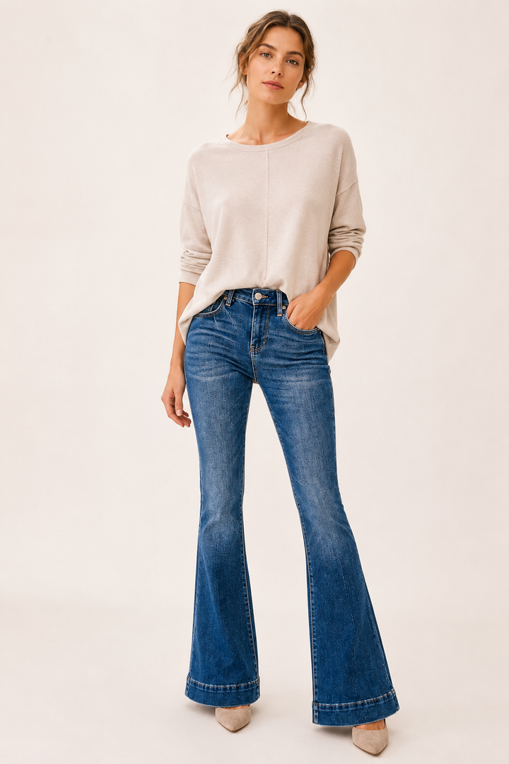 Jean Femme Taille Mi-Haute Évasé en Denim Stretch