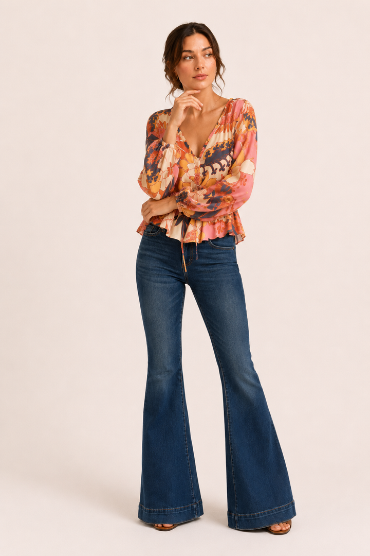 Jean Femme Taille Mi-Haute Évasé en Denim Stretch