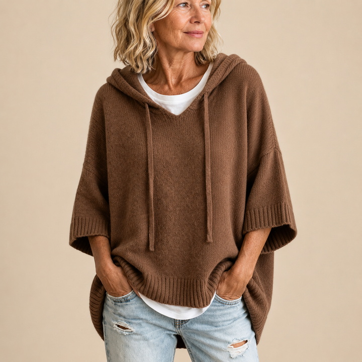 Poncho Femme en Maille à Capuche et Manches 3/4