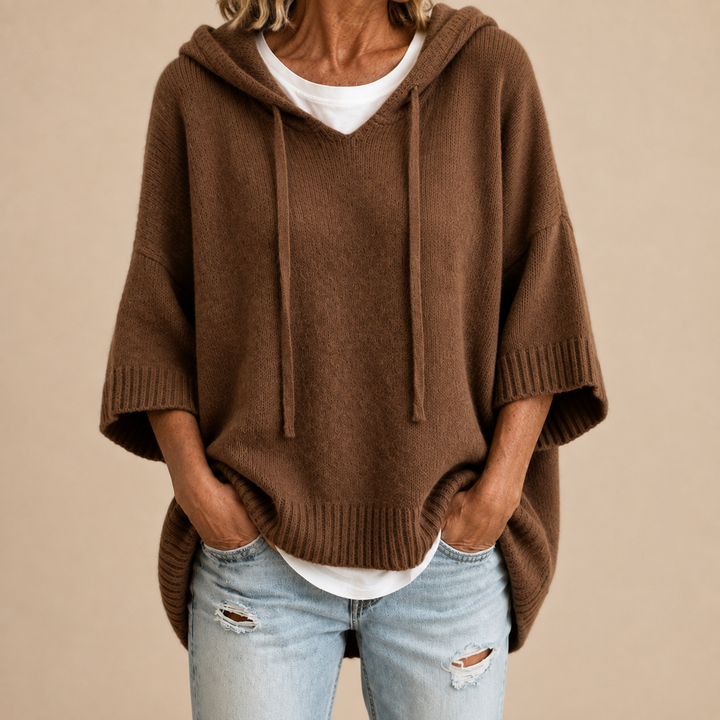 Poncho Femme en Maille à Capuche et Manches 3/4