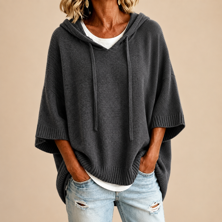 Poncho Femme en Maille à Capuche et Manches 3/4
