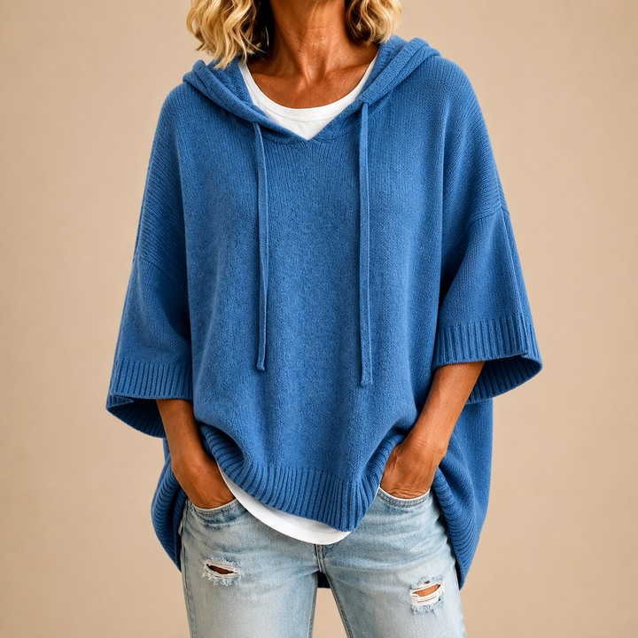 Poncho Femme en Maille à Capuche et Manches 3/4