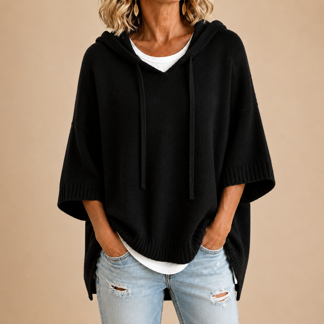 Poncho Femme en Maille à Capuche et Manches 3/4