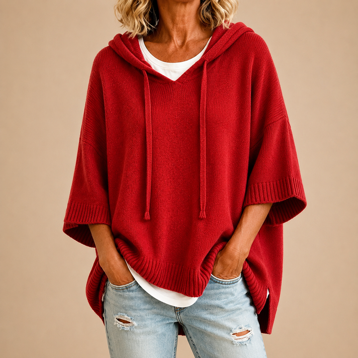 Poncho Femme en Maille à Capuche et Manches 3/4