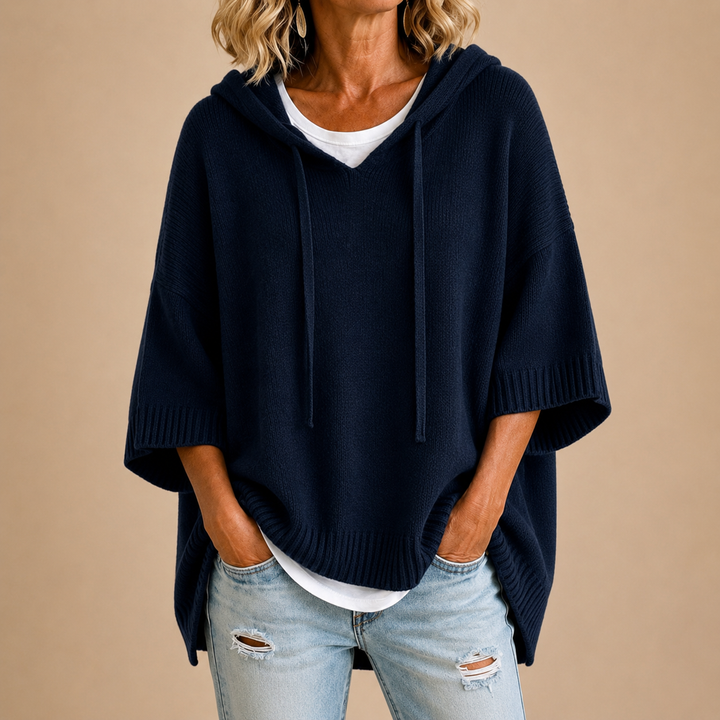 Poncho Femme en Maille à Capuche et Manches 3/4