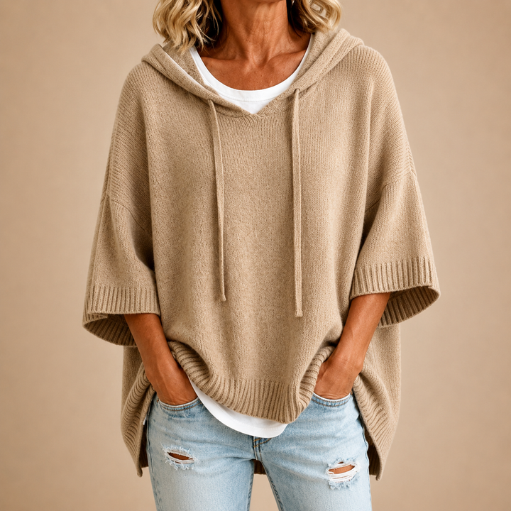 Poncho Femme en Maille à Capuche et Manches 3/4