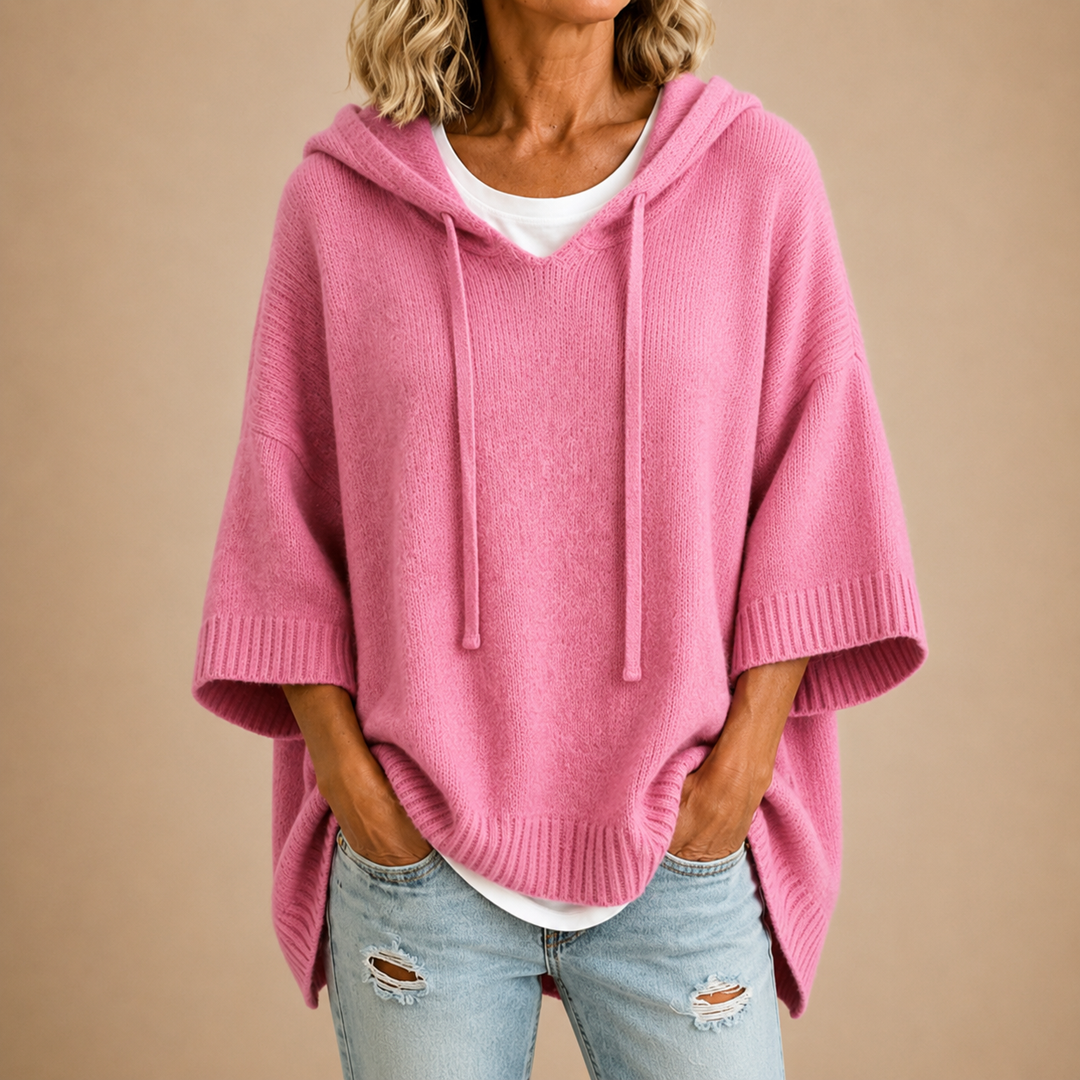 Poncho Femme en Maille à Capuche et Manches 3/4