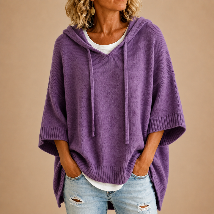 Poncho Femme en Maille à Capuche et Manches 3/4