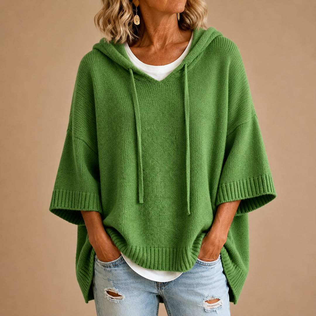 Poncho Femme en Maille à Capuche et Manches 3/4