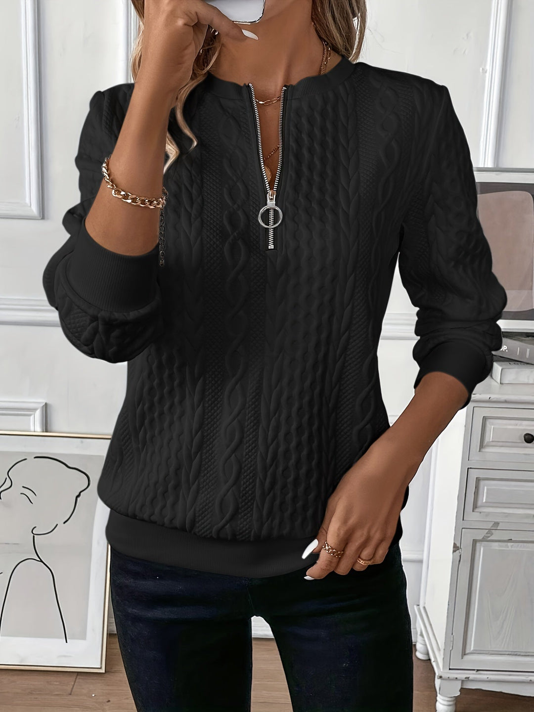 Pull Femme Maille Torsadée Col Montant Zip