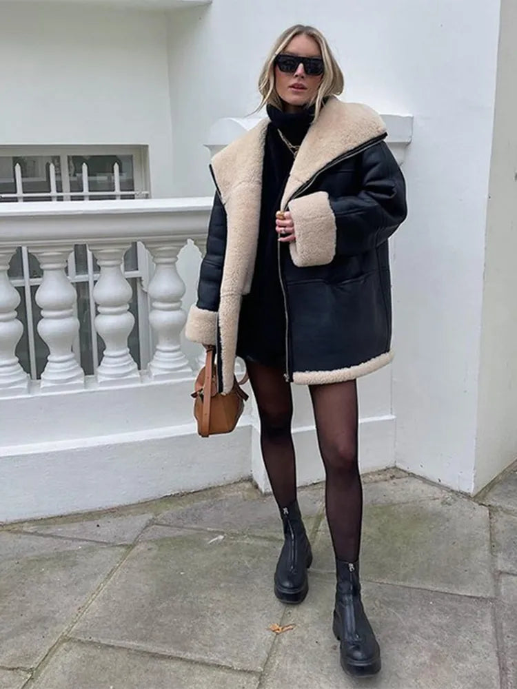 Blouson Femme Oversize Doublure Fausse Fourrure Col Revers Et Zip Argenté