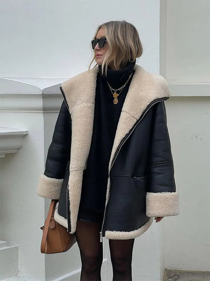 Blouson Femme Oversize Doublure Fausse Fourrure Col Revers Et Zip Argenté