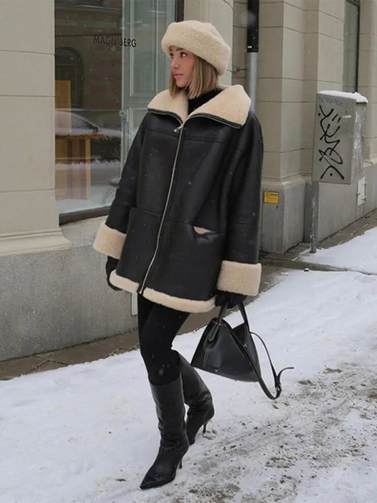 Blouson Femme Oversize Doublure Fausse Fourrure Col Revers Et Zip Argenté