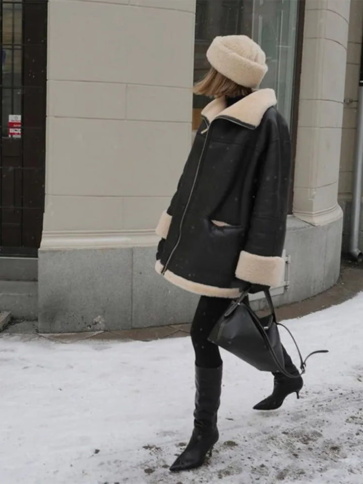Blouson Femme Oversize Doublure Fausse Fourrure Col Revers Et Zip Argenté