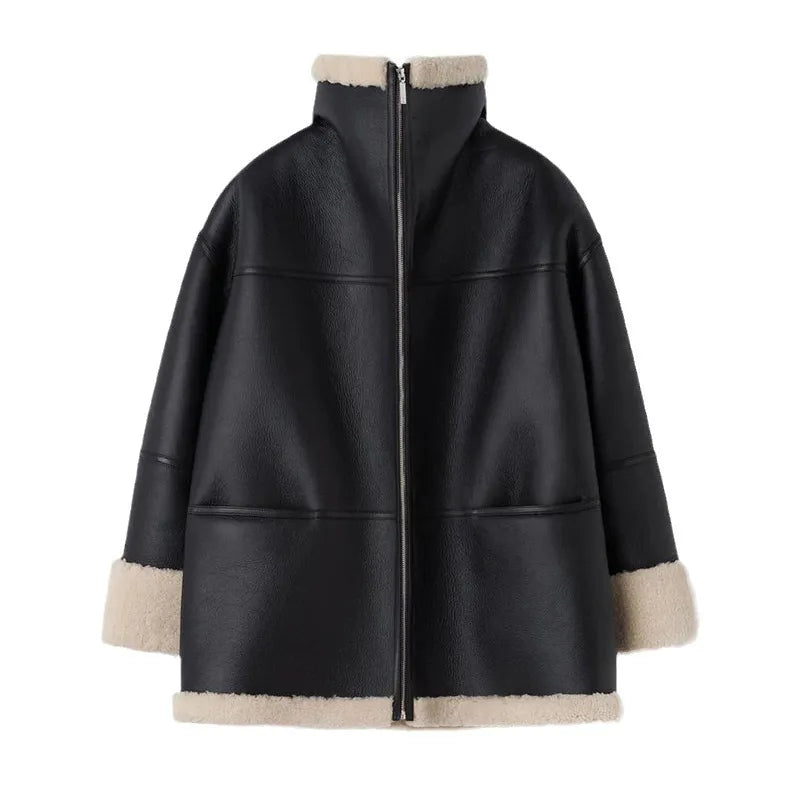 Blouson Femme Oversize Doublure Fausse Fourrure Col Revers Et Zip Argenté