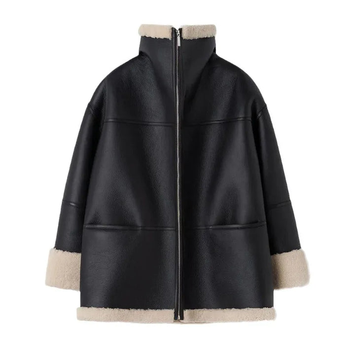 Blouson Femme Oversize Doublure Fausse Fourrure Col Revers Et Zip Argenté
