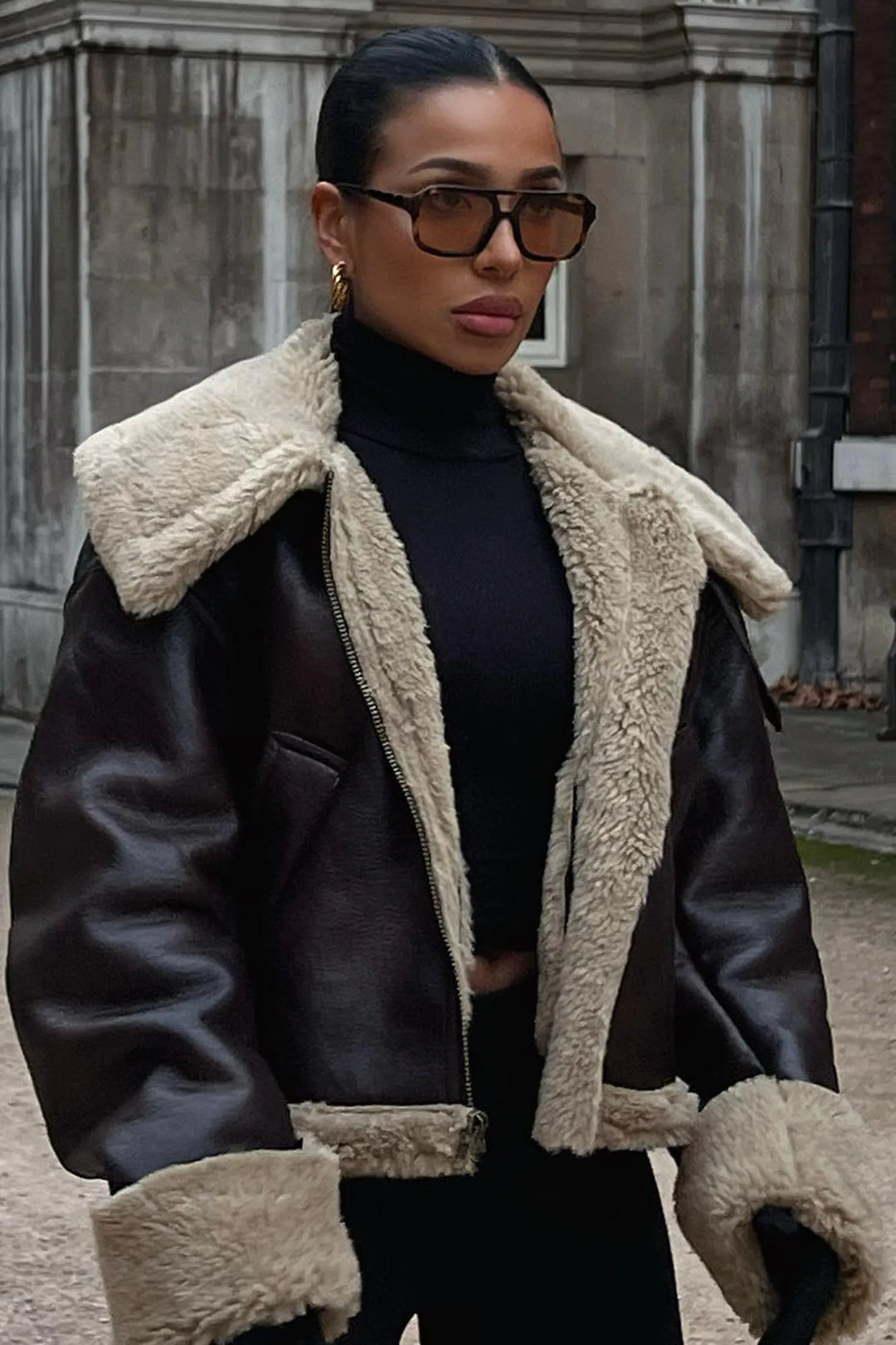 Blouson Femme Oversize Col Fausse Fourrure Doublé Manches Longues