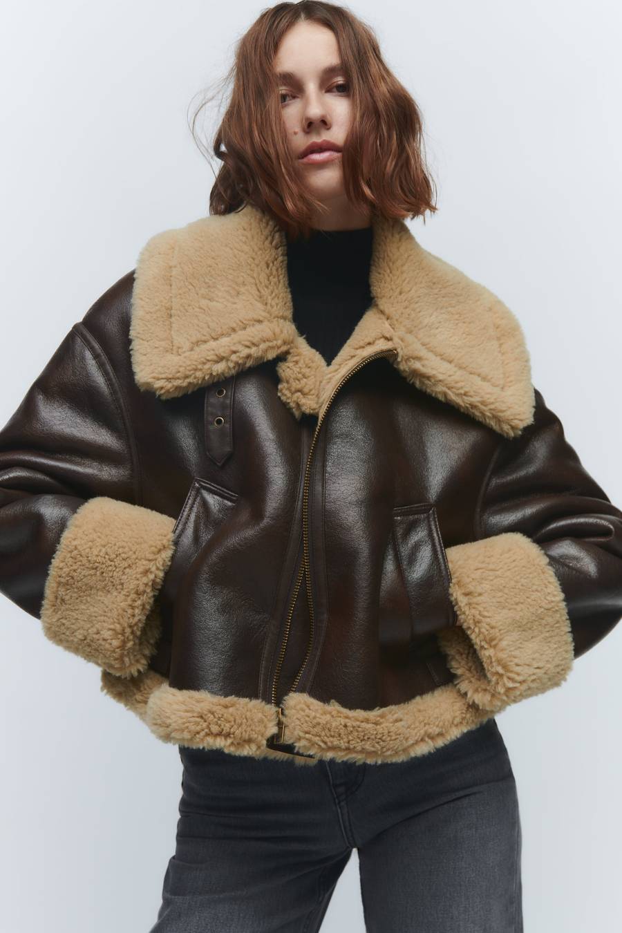 Blouson Femme Oversize Col Fausse Fourrure Doublé Manches Longues