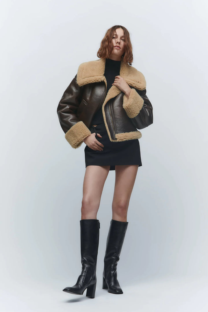 Blouson Femme Oversize Col Fausse Fourrure Doublé Manches Longues