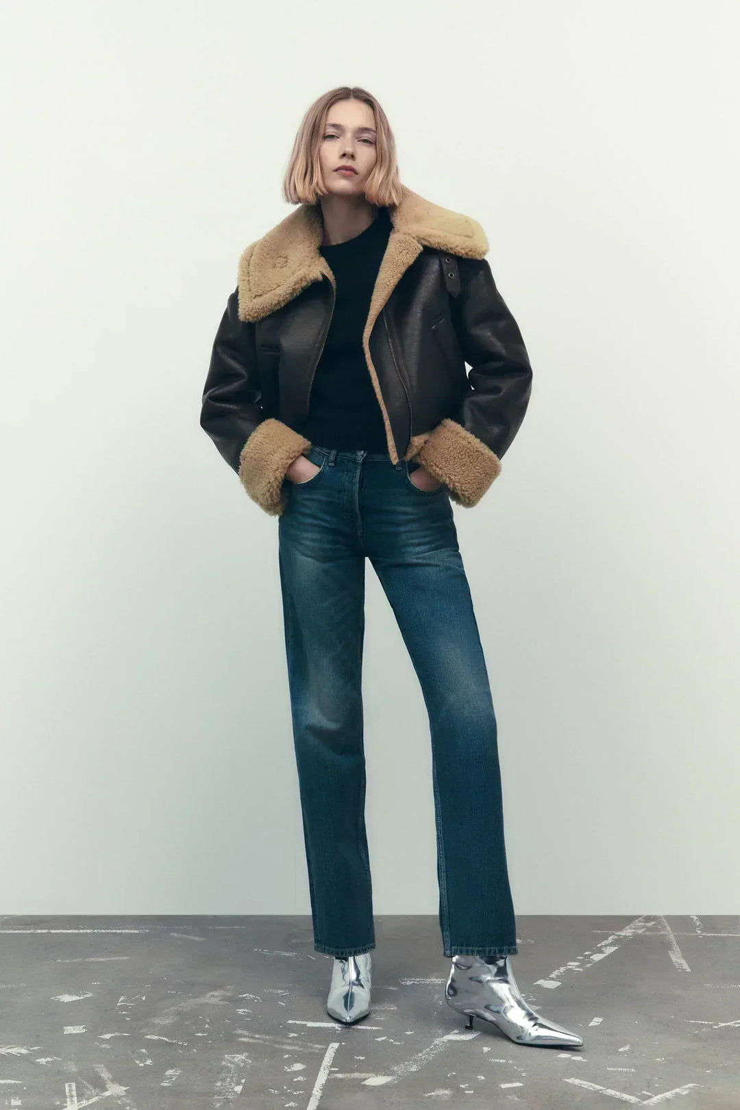 Blouson Femme Oversize Col Fausse Fourrure Doublé Manches Longues
