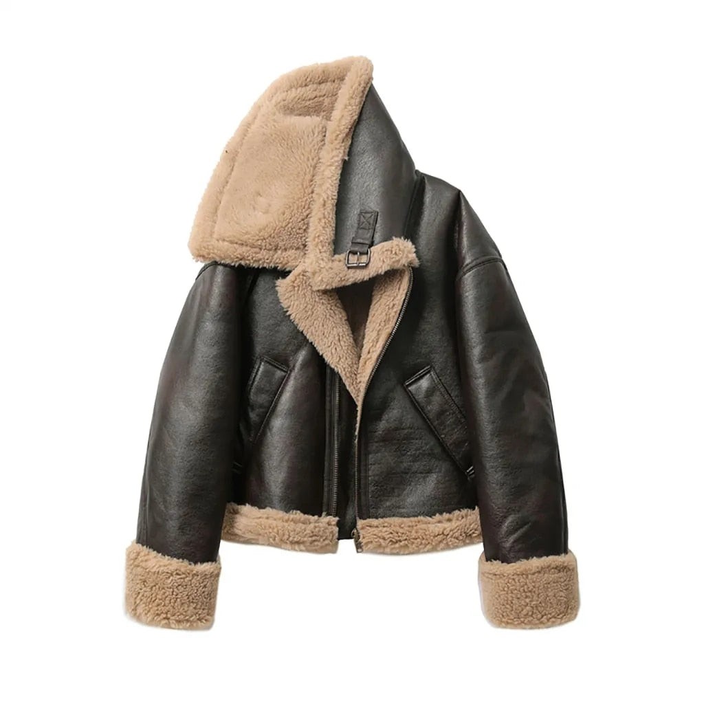 Blouson Femme Oversize Col Fausse Fourrure Doublé Manches Longues