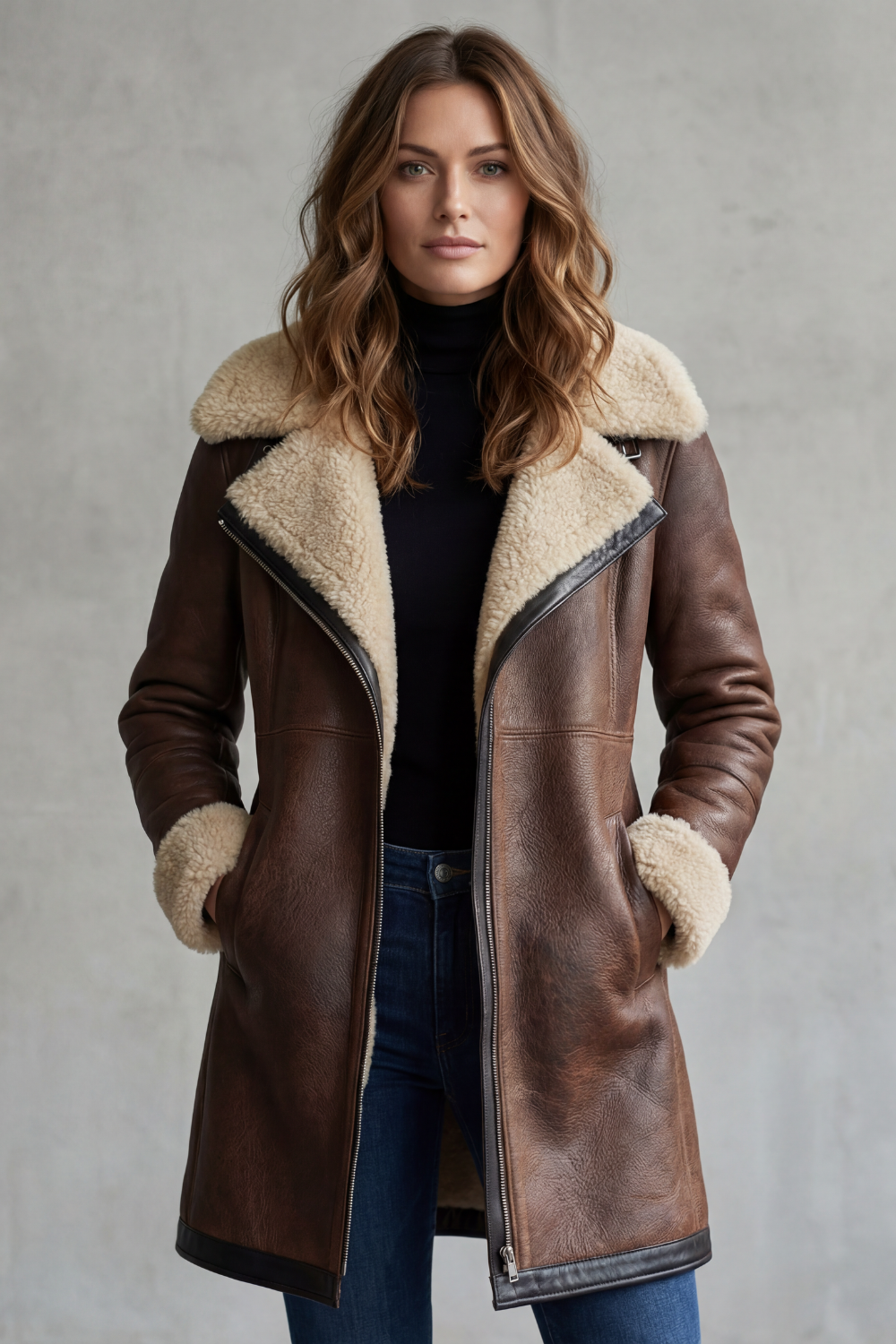 Manteau Femme Mi Long Doublure Fausse Fourrure Col Revers Et Fermeture Zip