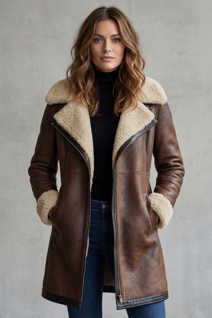 Manteau Femme Mi Long Doublure Fausse Fourrure Col Revers Et Fermeture Zip