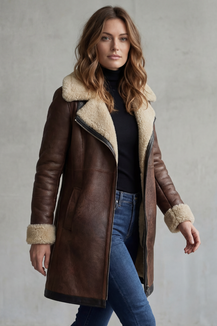 Manteau Femme Mi Long Doublure Fausse Fourrure Col Revers Et Fermeture Zip