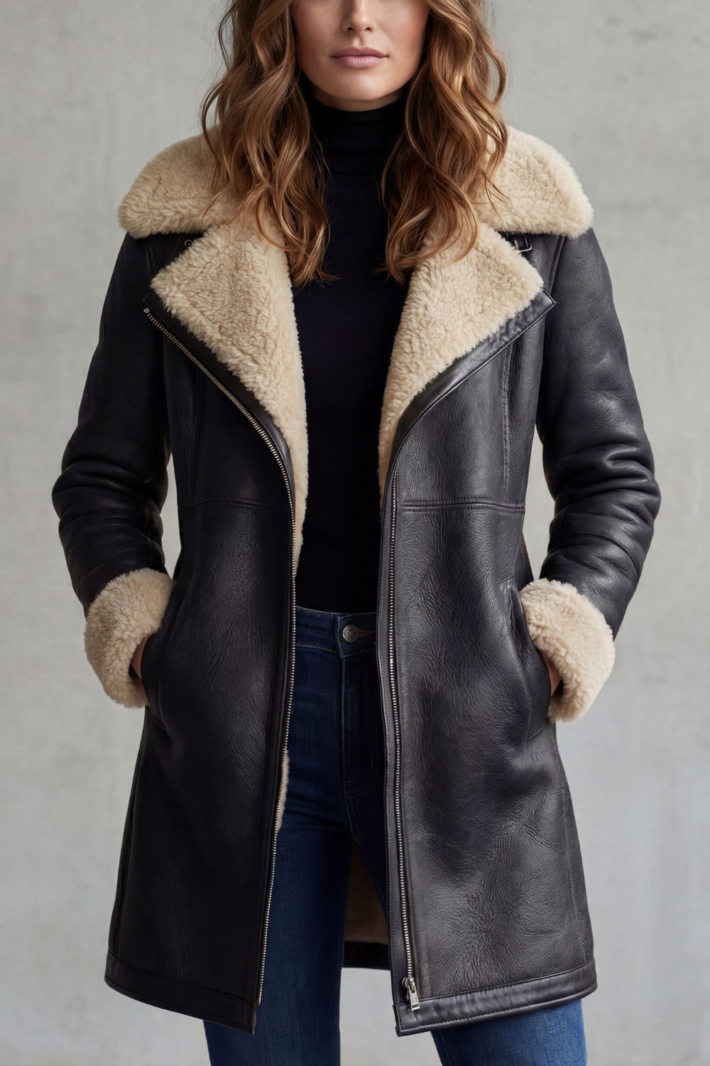 Manteau Femme Mi Long Doublure Fausse Fourrure Col Revers Et Fermeture Zip