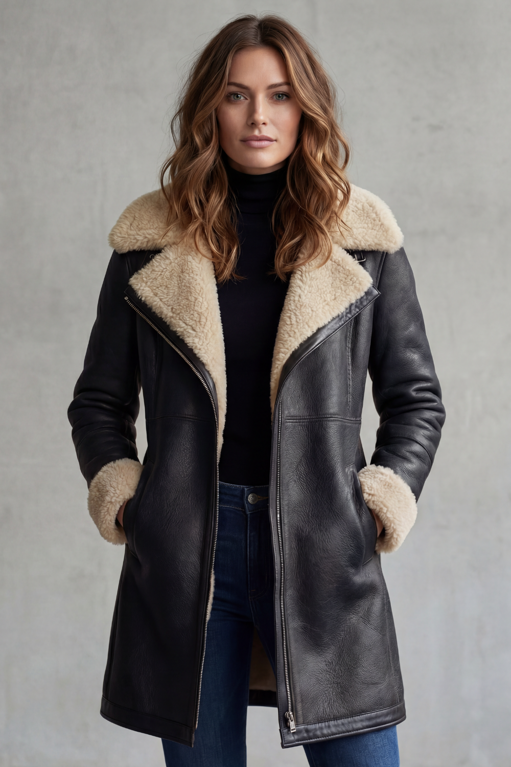 Manteau Femme Mi Long Doublure Fausse Fourrure Col Revers Et Fermeture Zip