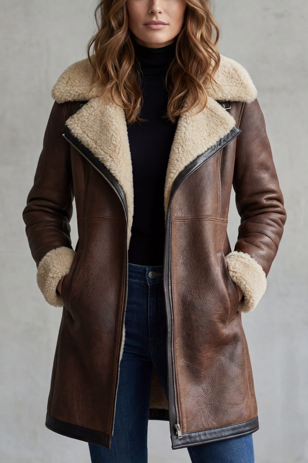 Manteau Femme Mi Long Doublure Fausse Fourrure Col Revers Et Fermeture Zip