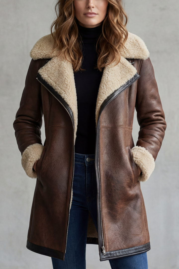 Manteau Femme Mi Long Doublure Fausse Fourrure Col Revers Et Fermeture Zip