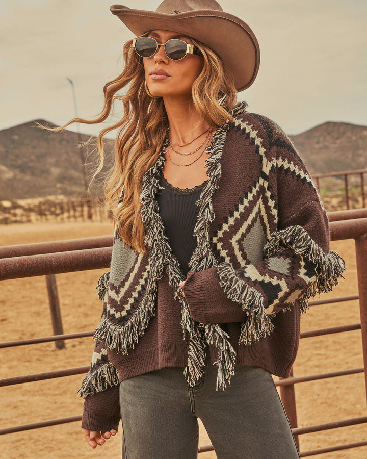 Cardigan Femme en Maille Motif Aztèque à Franges
