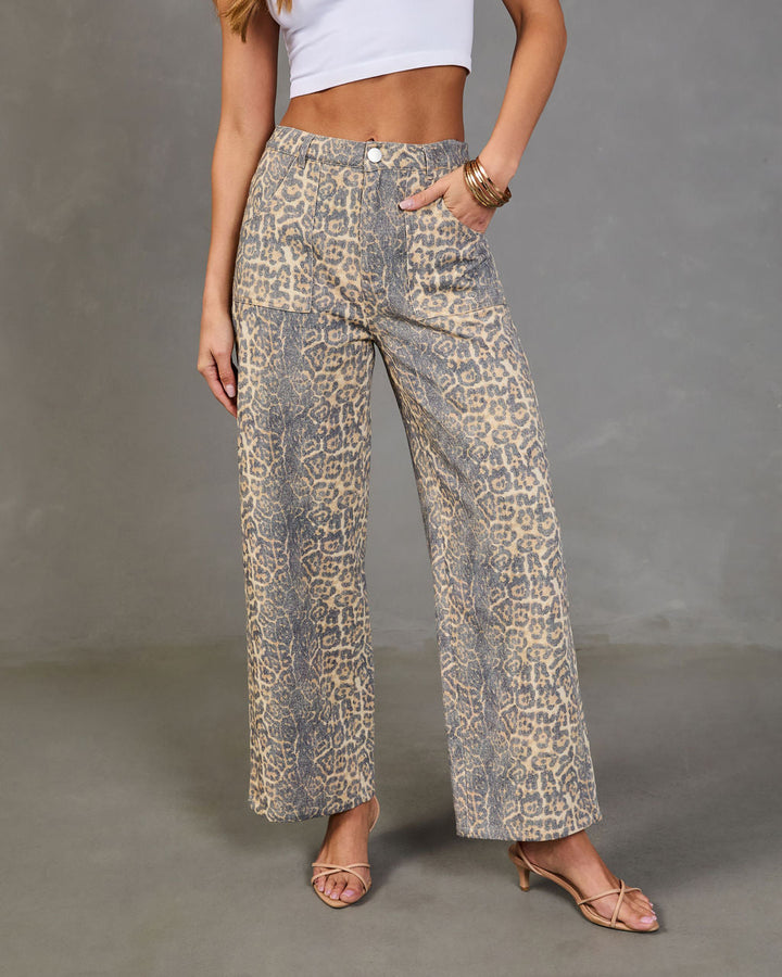 Pantalon Femme en Sergé de Coton Imprimé Léopard Coupe Décontractée