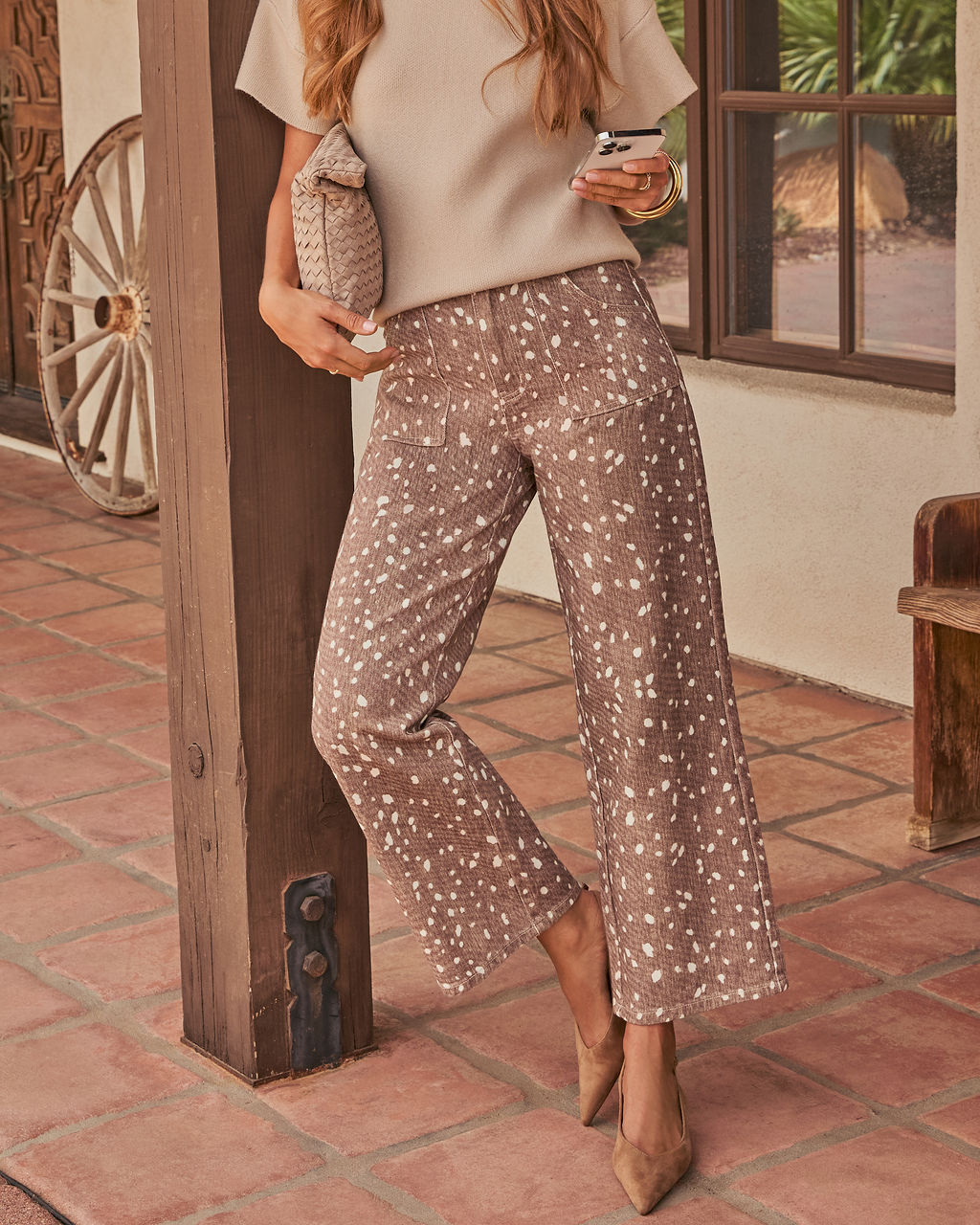 Pantalon Droit Femme en Sergé de Coton à Imprimé Faon