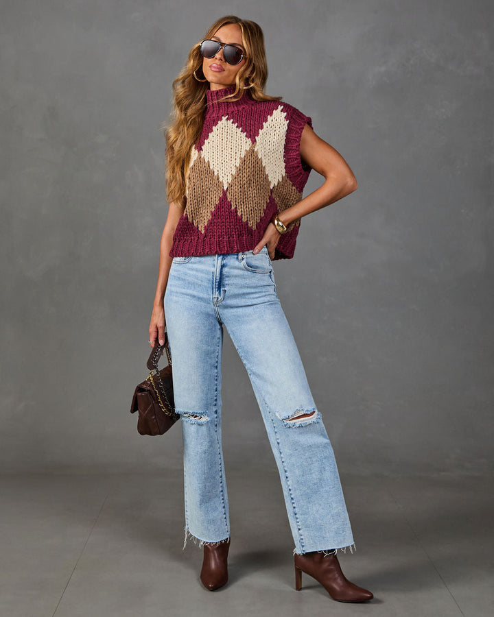 Pull Sans Manches Femme en Maille Argyle à Col Montant