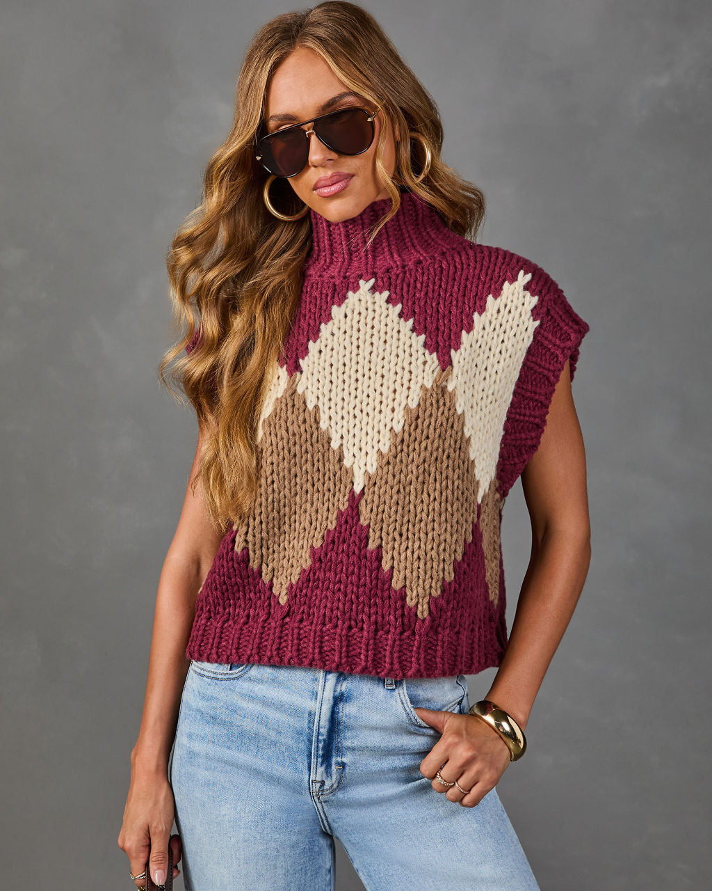 Pull Sans Manches Femme en Maille Argyle à Col Montant