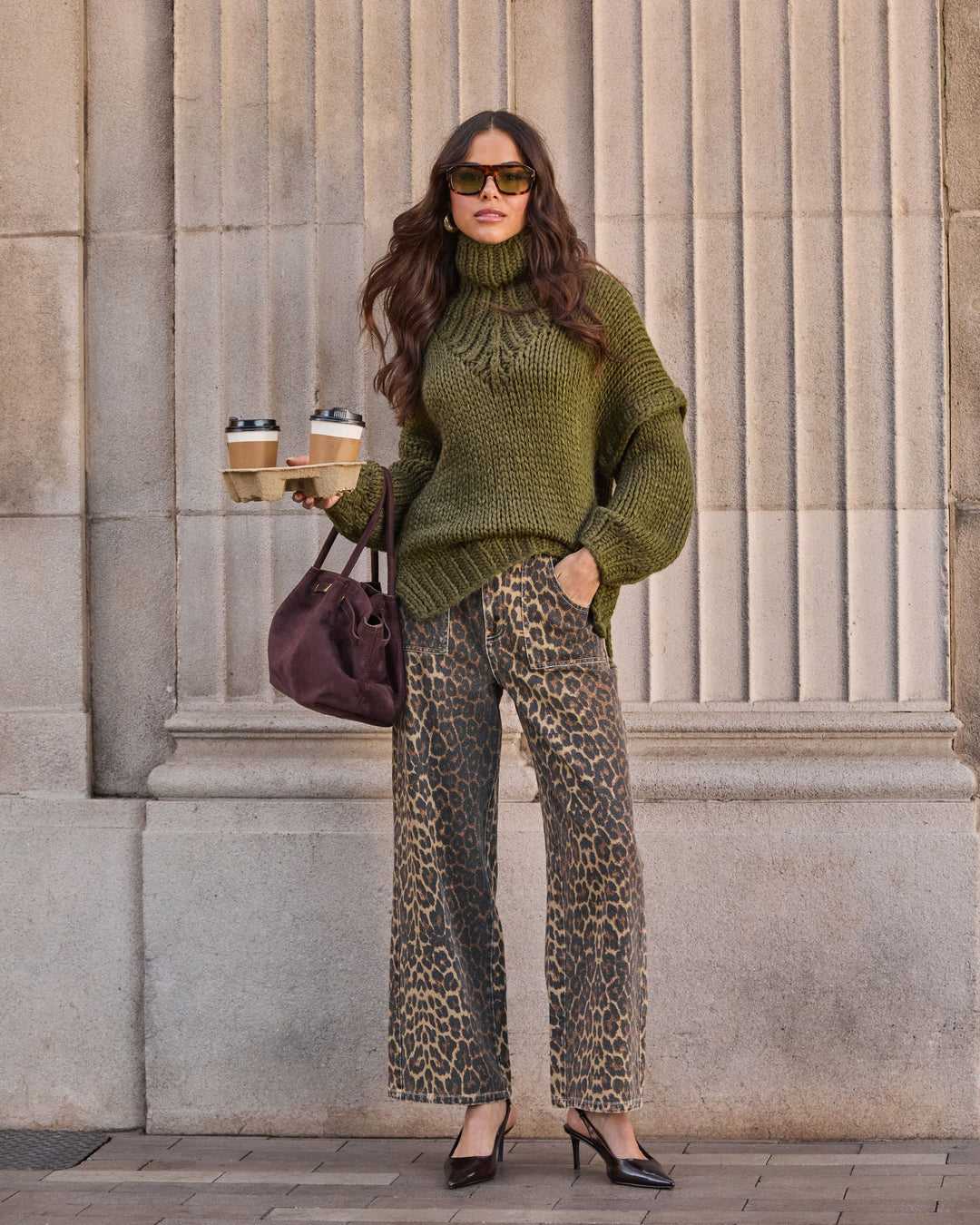 Pantalon Femme en Sergé de Coton Imprimé Léopard Coupe Décontractée
