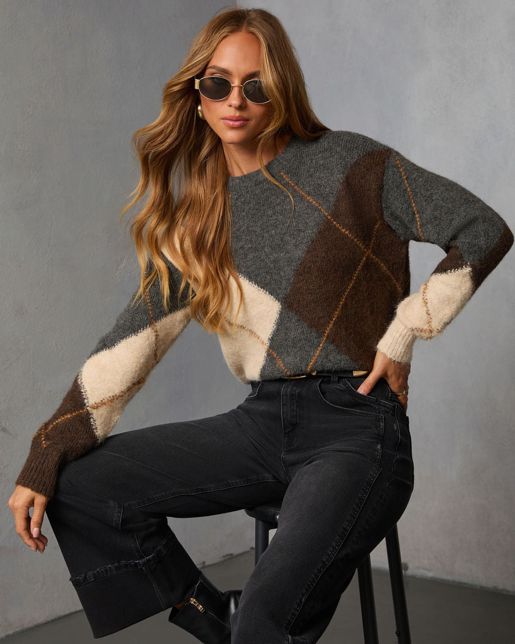 Pull Femme en Maille Duveteuse à Motif Argyle Col Rond