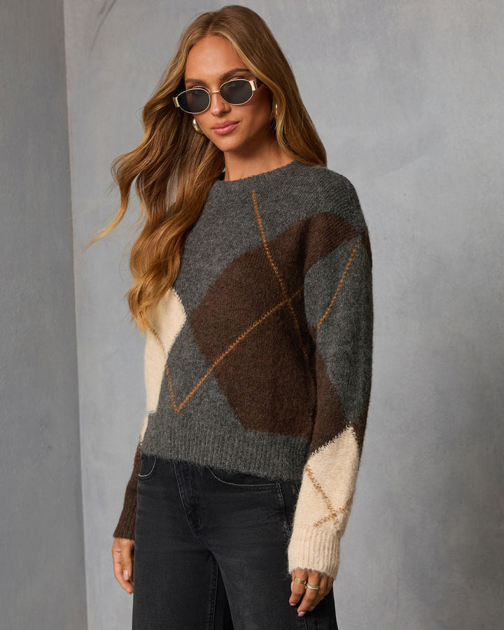 Pull Femme en Maille Duveteuse à Motif Argyle Col Rond