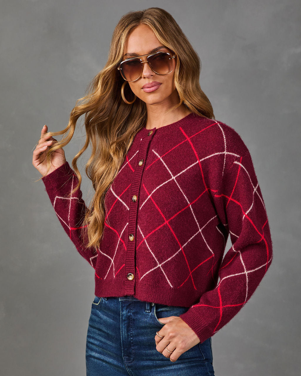 Cardigan Femme en Maille Brossée à Motif Argyle Boutonné