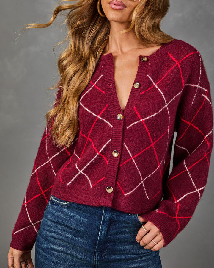 Cardigan Femme en Maille Brossée à Motif Argyle Boutonné