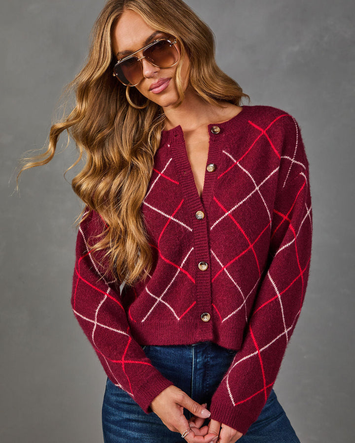 Cardigan Femme en Maille Brossée à Motif Argyle Boutonné