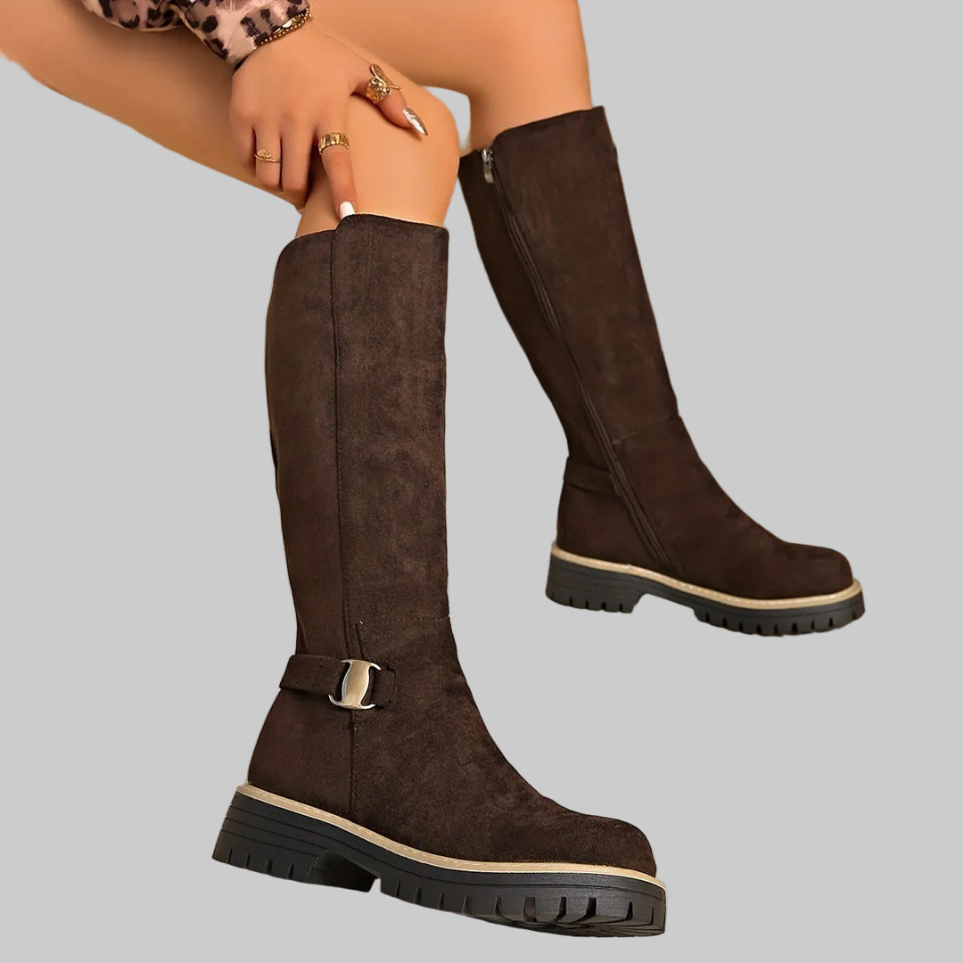 Bottes Femme Hautes à Semelle Plateforme, Fermeture Éclair et Bout Rond